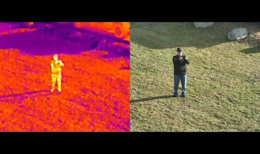 Split-screen infrared and standard drone image comparison