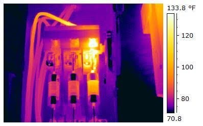 Thermal infrared image of electrical panel showing temperature readings